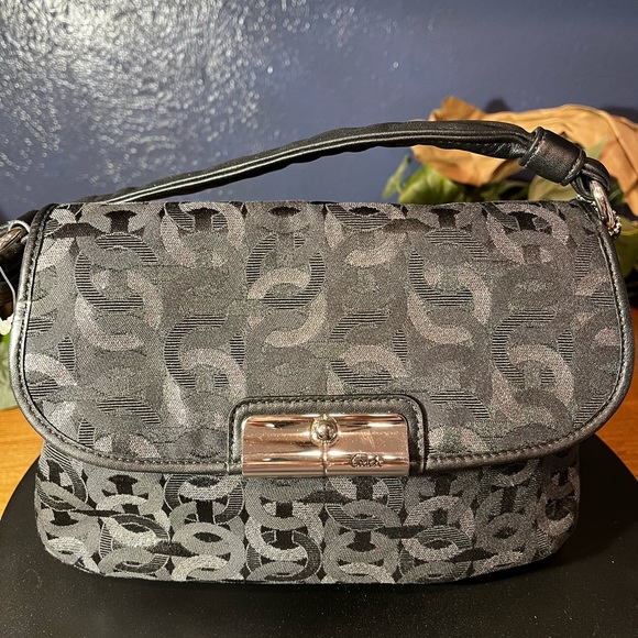 NWT Coach metallic silver and black small fabric satchel - Picture 1 of 7
